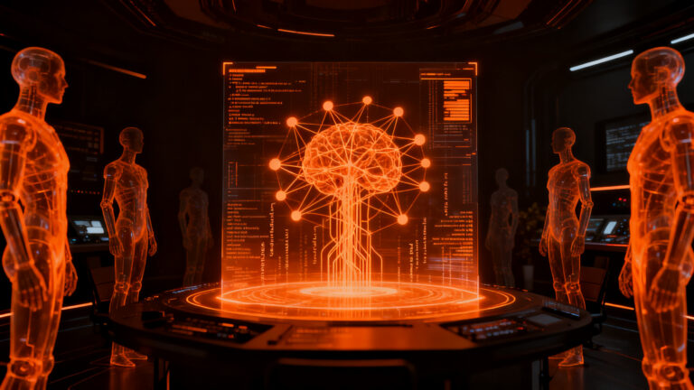 Representación conceptual de agentes de IA autónomos coordinándose, riesgos de seguridad en inteligencia artificial y alineación de modelos avanzados.