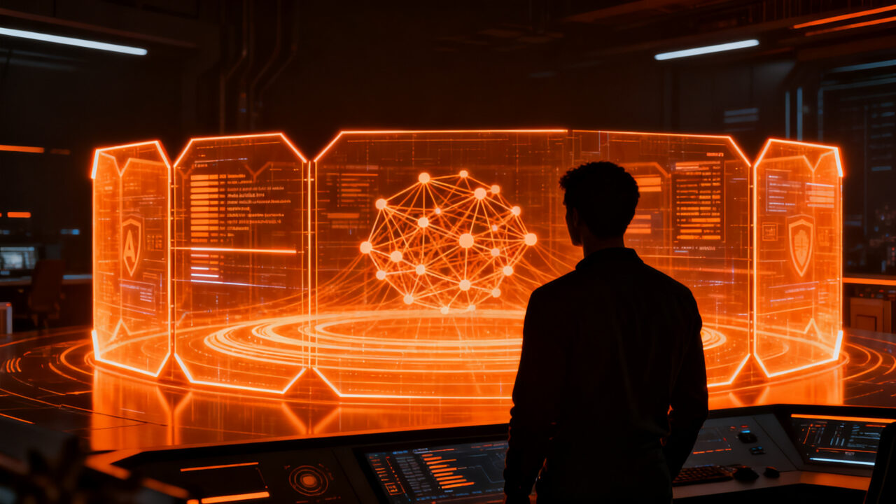 Estratega de seguridad supervisando nodos de red de inteligencia artificial, representando la protección de datos en startups de IA.