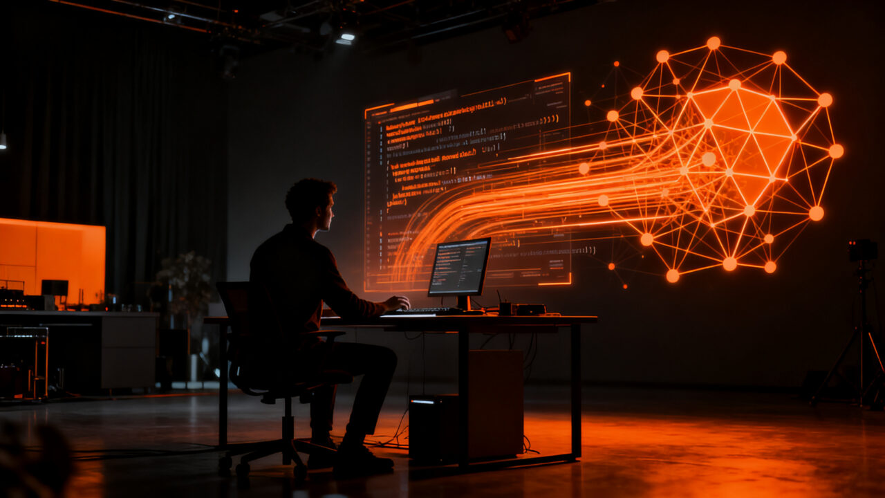 Desarrollador trabajando en entorno agéntico OpenChamber con inteligencia artificial para automatización de software.