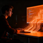 Desarrollador trabajando en terminal con herramientas de automatización y código para preparación de entrevistas técnicas.