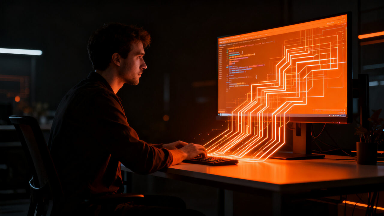 Desarrollador trabajando en terminal con herramientas de automatización y código para preparación de entrevistas técnicas.