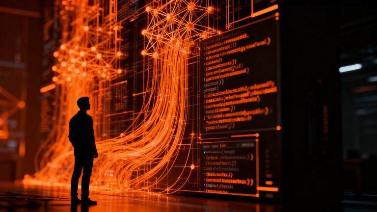 Ingeniero optimizando código con inteligencia artificial, representando la mejora del rendimiento de software y la eficiencia de los LLMs.