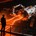 Un ingeniero espacial observa un satélite GEO en órbita, representando el mantenimiento orbital y la sostenibilidad en la industria deeptech.