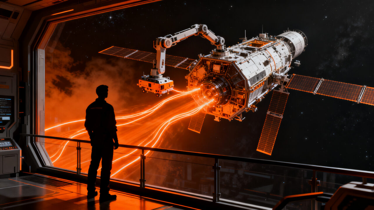 Un ingeniero espacial observa un satélite GEO en órbita, representando el mantenimiento orbital y la sostenibilidad en la industria deeptech.