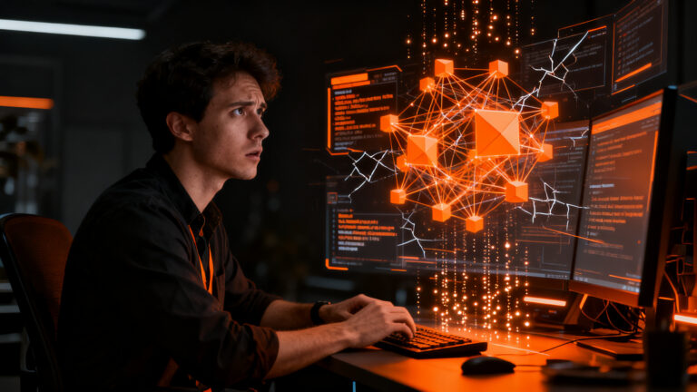 Desarrollador de software analizando un modelo de inteligencia artificial Claude Opus 5, representando la paradoja entre capacidad técnica y utilidad real en startups.