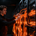 Ingeniero trabajando en infraestructura de servidores de alta tecnología con integración Kubernetes, representando la innovación en cloud computing de Oxide.