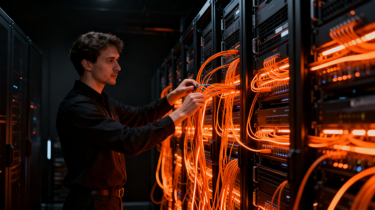 Ingeniero trabajando en infraestructura de servidores de alta tecnología con integración Kubernetes, representando la innovación en cloud computing de Oxide.