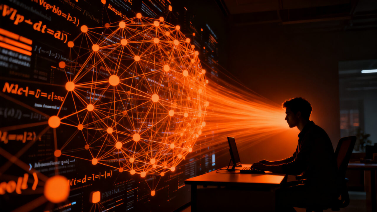 Programador analizando un algoritmo PageRank complejo en una pantalla futurista, representando el impacto del SEO y la inteligencia artificial en startups.