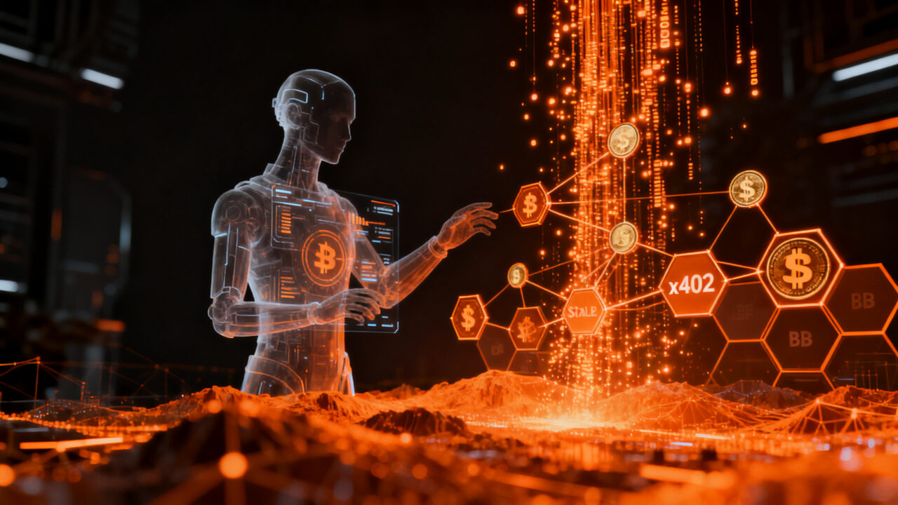 Agente de IA realizando pagos autónomos en una red blockchain, representando la evolución de la infraestructura de pagos B2B.