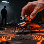 Investigador observando una cucaracha cyborg avanzada en un entorno de rescate, representando la innovación en biorrobótica.