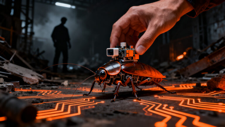 Investigador observando una cucaracha cyborg avanzada en un entorno de rescate, representando la innovación en biorrobótica.