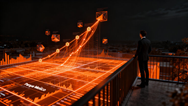 Inversionista analizando estrategia de salida y rentabilidad en el ecosistema de startups en México frente al Parque México.