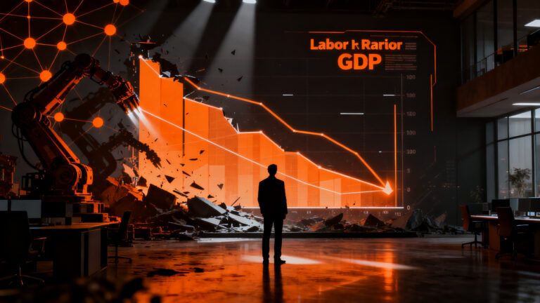 Gráfico de caída en la participación laboral en el PIB de EE. UU. afectando la estrategia de startups y automatización.