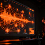 Un desarrollador interactuando con una interfaz de red neuronal que representa el procesamiento de datos de podcasts mediante IA en Radar de Particle.