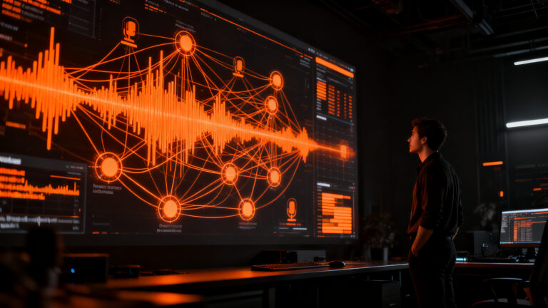 Un desarrollador interactuando con una interfaz de red neuronal que representa el procesamiento de datos de podcasts mediante IA en Radar de Particle.