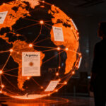 Emprendedor argentino analizando un mapa global de patentes digitales, simbolizando la expansión internacional y el financiamiento mediante el tratado PCT.