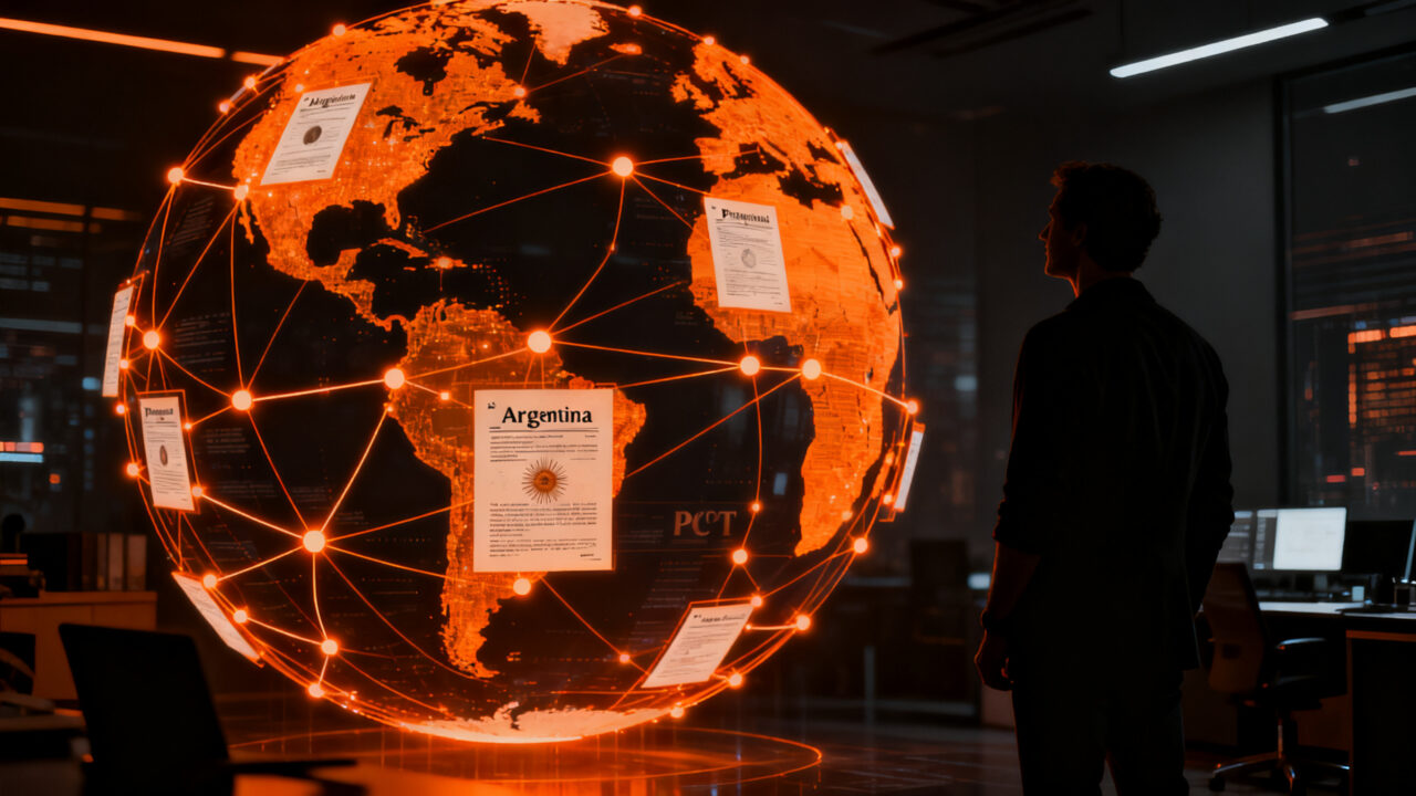 Emprendedor argentino analizando un mapa global de patentes digitales, simbolizando la expansión internacional y el financiamiento mediante el tratado PCT.