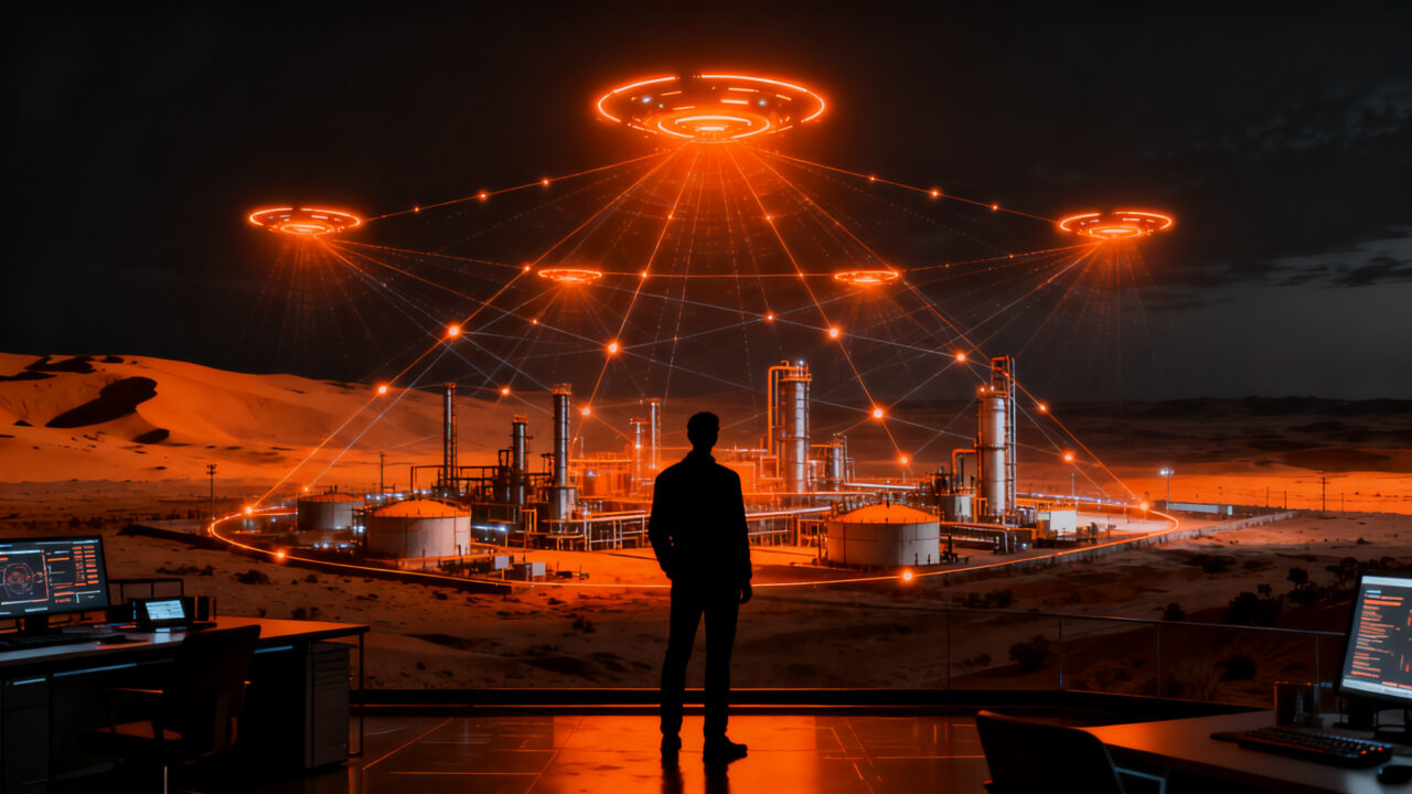 Red de sensores antidrón con inteligencia artificial protegiendo infraestructura petrolera en Oriente Medio, enfoque en defensa y edge AI.