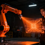 Científico trabajando con un robot industrial avanzado en una fábrica, representando el lanzamiento de Isaac 0.5 de Perceptron.