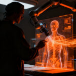 Cirujano utilizando sistema de robótica médica e inteligencia artificial para tratamiento de ictus, innovación en salud.