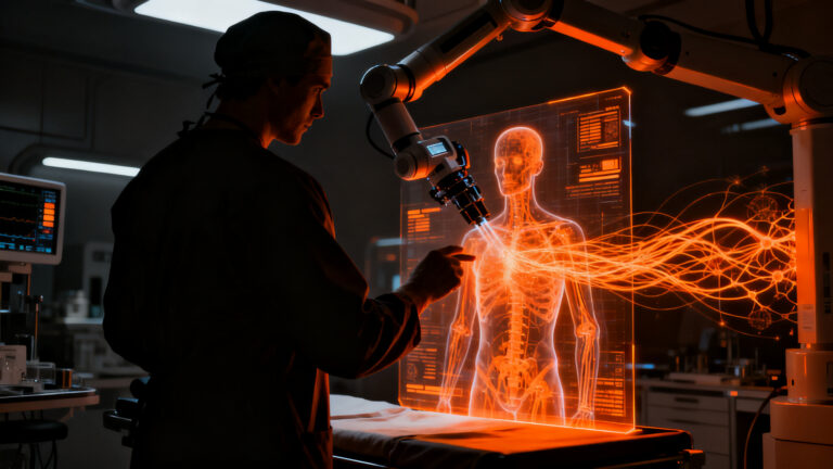 Cirujano utilizando sistema de robótica médica e inteligencia artificial para tratamiento de ictus, innovación en salud.