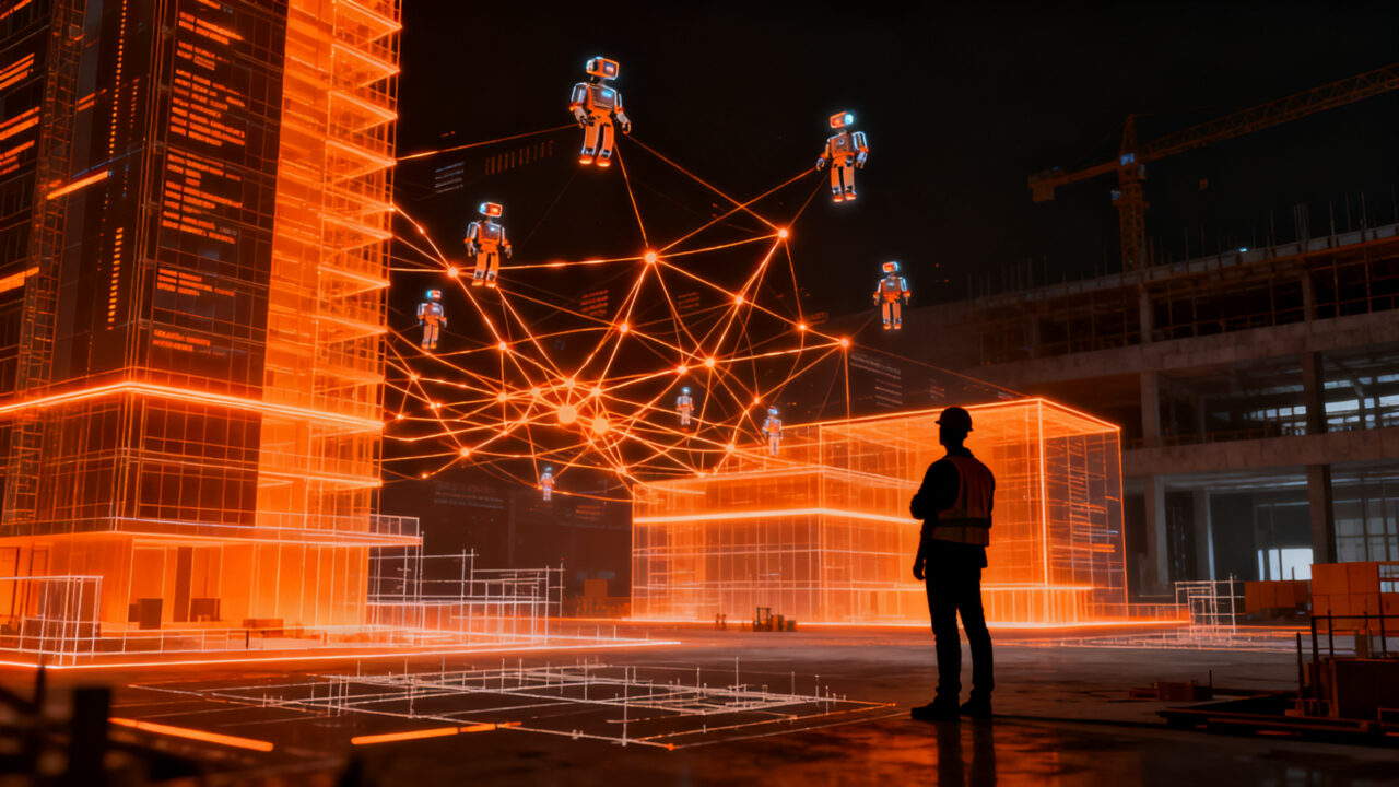 Agentes de IA automatizando la gestión de proyectos en la industria de la construcción, representando la innovación tecnológica proptech.
