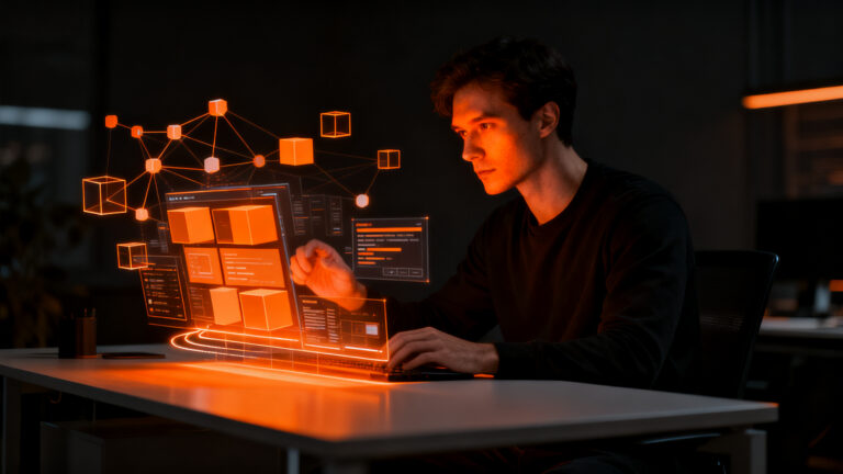 Desarrollador trabajando en una interfaz low-code para startups, optimizando productividad y automatización con herramientas digitales.