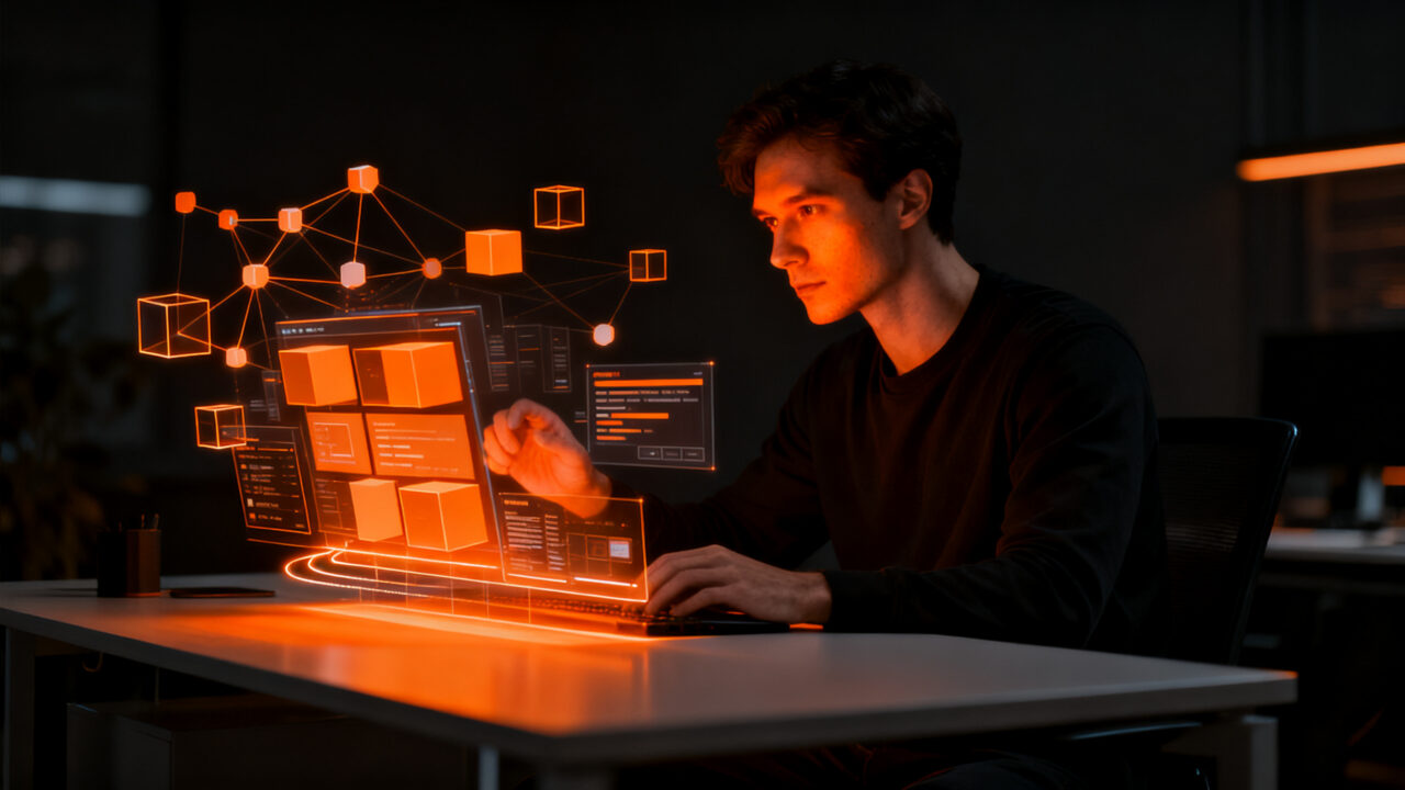 Desarrollador trabajando en una interfaz low-code para startups, optimizando productividad y automatización con herramientas digitales.