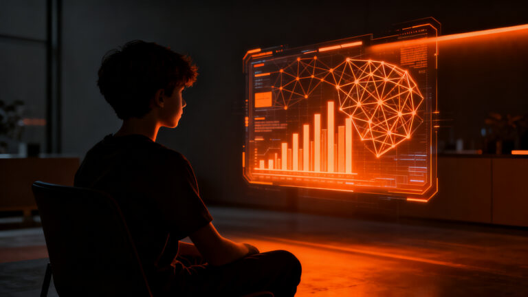 Joven adolescente interactuando con una interfaz digital terapéutica, representando el impacto de los videojuegos en la salud mental juvenil y las startups de salud digital.