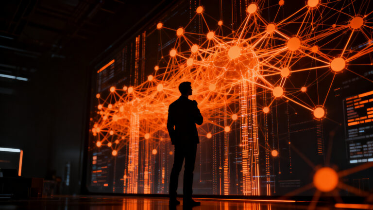Silueta de ejecutivo observando una compleja red neuronal de IA, representando la preparación de las empresas ante la adopción tecnológica.