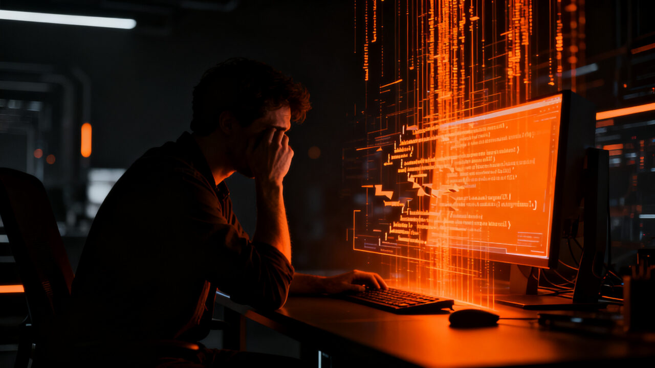 Programador frente a una pantalla con código asistido por IA, representando los desafíos de la formación técnica y la dependencia tecnológica en startups.