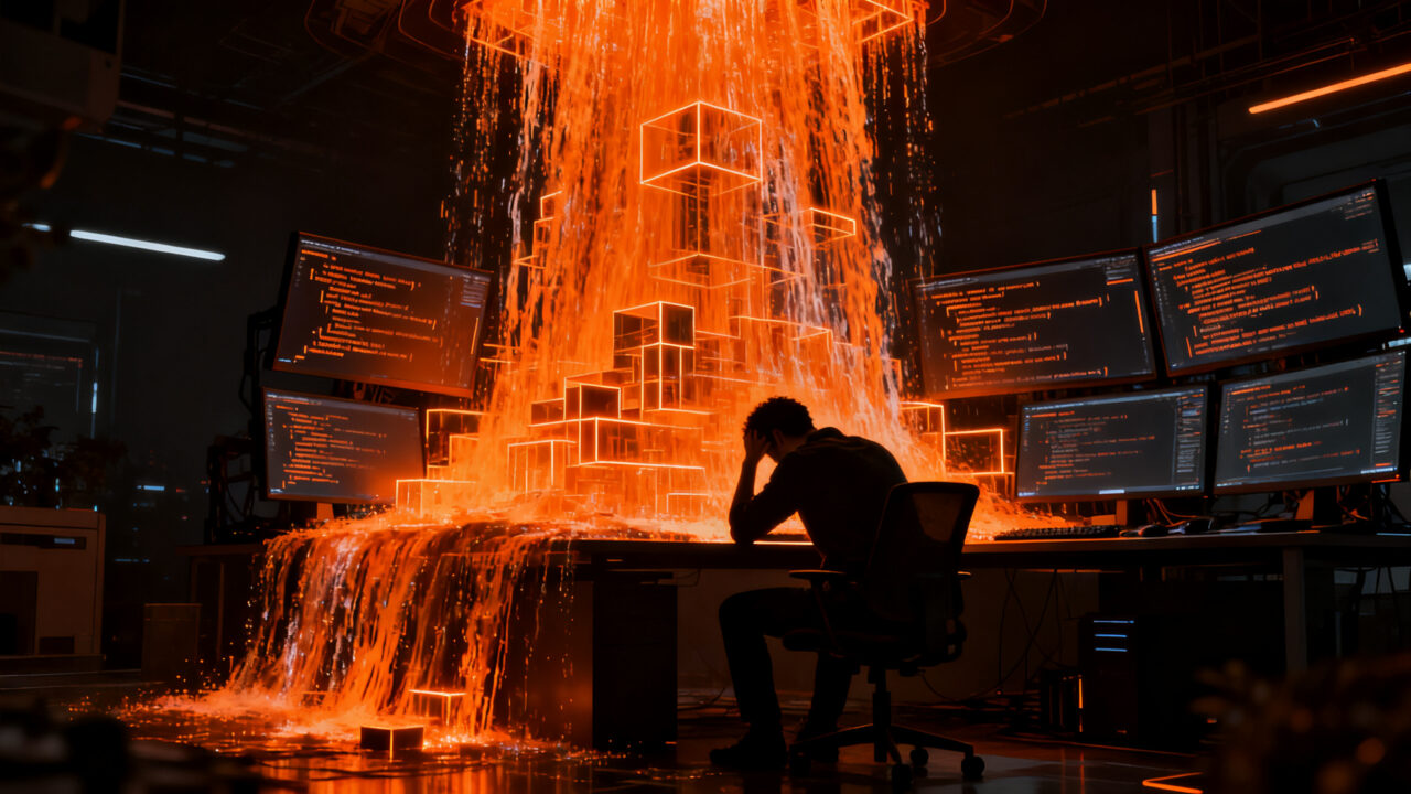 Desarrollador frustrado ante una pantalla llena de código generado por IA, representando el problema de los Pull Requests masivos y la productividad en equipos de ingeniería.