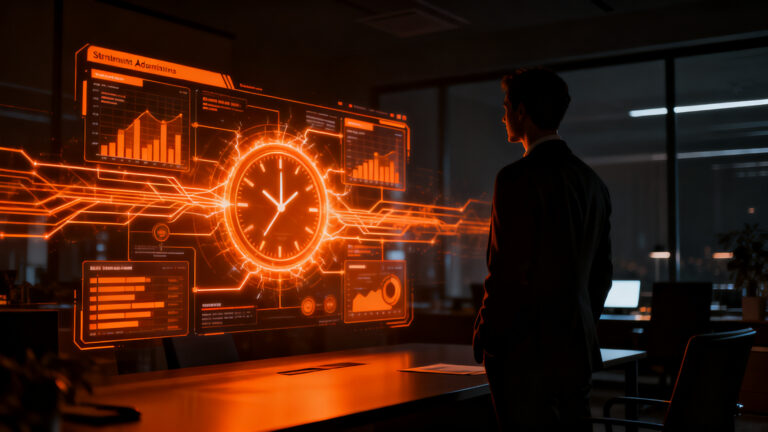 Emprendedor analizando flujo de trabajo automatizado en pyme mexicana, representando la productividad y transformación digital.