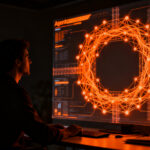 Un desarrollador interactuando con una interfaz de agent harness para IA, optimizando la ventaja competitiva en startups.