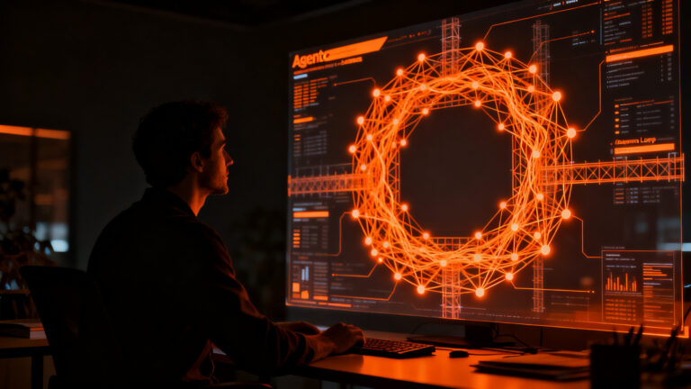 Un desarrollador interactuando con una interfaz de agent harness para IA, optimizando la ventaja competitiva en startups.
