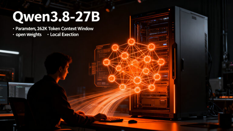 Desarrollador trabajando con el modelo de IA Qwen3.8-27B de Alibaba en un entorno local, simbolizando el poder de la IA de código abierto para startups.