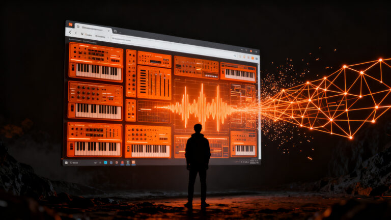 Interfaz de producción musical web Rack-02 de SSX360, representando tecnología DAW en navegador y automatización.