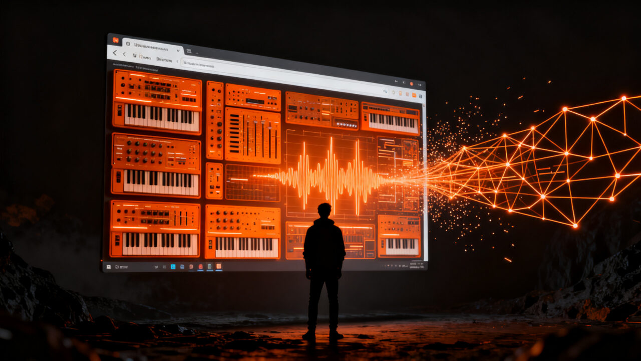 Interfaz de producción musical web Rack-02 de SSX360, representando tecnología DAW en navegador y automatización.