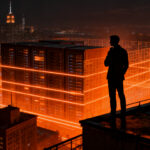 Fundador de startup observando una ciudad de Nueva York bajo una red de IA restringida por regulaciones.