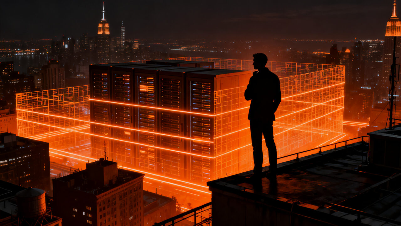 Fundador de startup observando una ciudad de Nueva York bajo una red de IA restringida por regulaciones.
