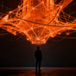 Silueta humana interactuando con una red neuronal de IA, representando las nuevas regulaciones de inteligencia artificial en China y la dependencia emocional de chatbots.
