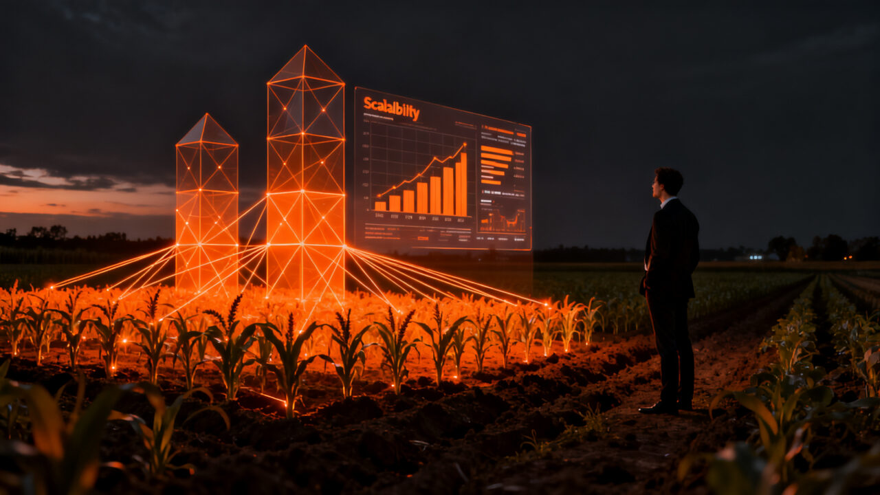 Emprendedor agrícola analizando cultivos digitales, representando la innovación agtech y el crecimiento de startups en México.