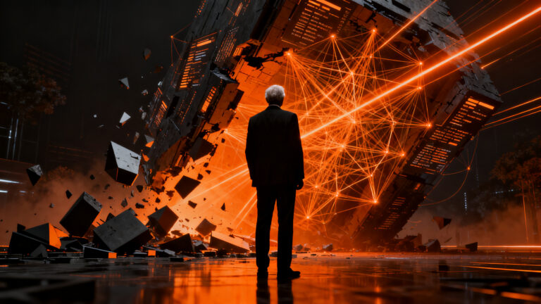 Silueta de un ejecutivo frente a una red neuronal compleja, representando la reorganización estratégica de IA en Google y los retos éticos del sector.