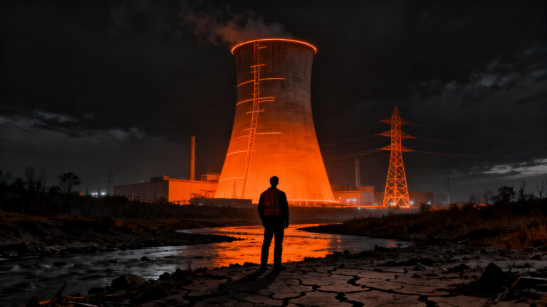 Impactante escena de gestión de riesgos e infraestructura crítica ante el cambio climático en una central nuclear, simbolizando resiliencia empresarial.