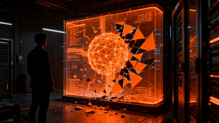 Representación conceptual de ciberseguridad y riesgos en agentes de IA, mostrando una silueta humana frente a una red digital compleja.