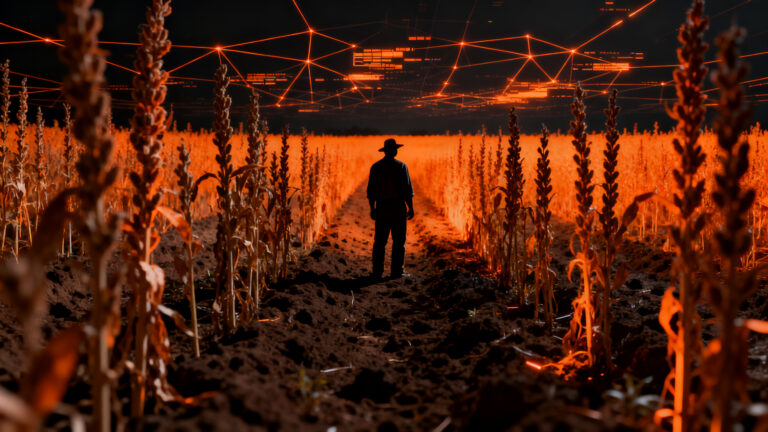 Agricultor frente a un campo desolado representando los riesgos de las alucinaciones de la IA en la automatización agrícola.