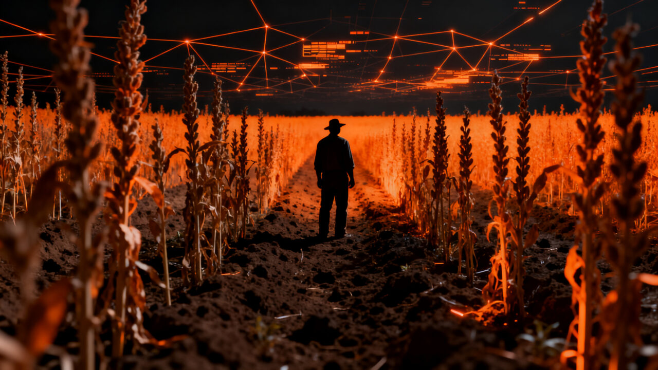 Agricultor frente a un campo desolado representando los riesgos de las alucinaciones de la IA en la automatización agrícola.