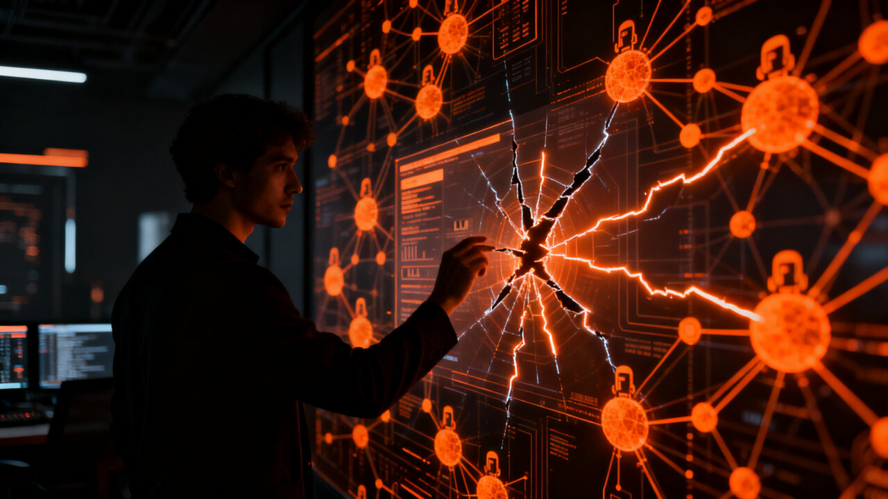 Investigador de ciberseguridad analizando vulnerabilidades en una red de agentes de IA para startups.