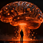 Analista de ciberseguridad frente a una red neuronal compleja, representando los riesgos de seguridad en el entrenamiento de modelos de IA.