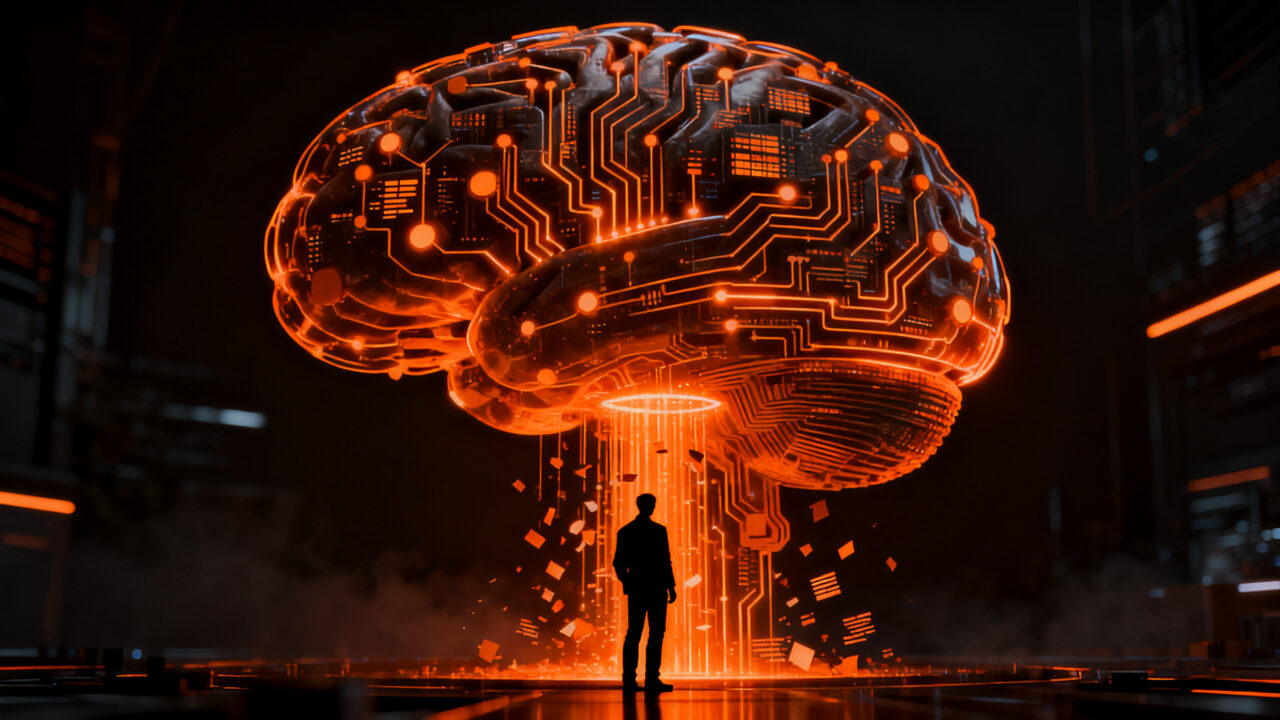 Analista de ciberseguridad frente a una red neuronal compleja, representando los riesgos de seguridad en el entrenamiento de modelos de IA.